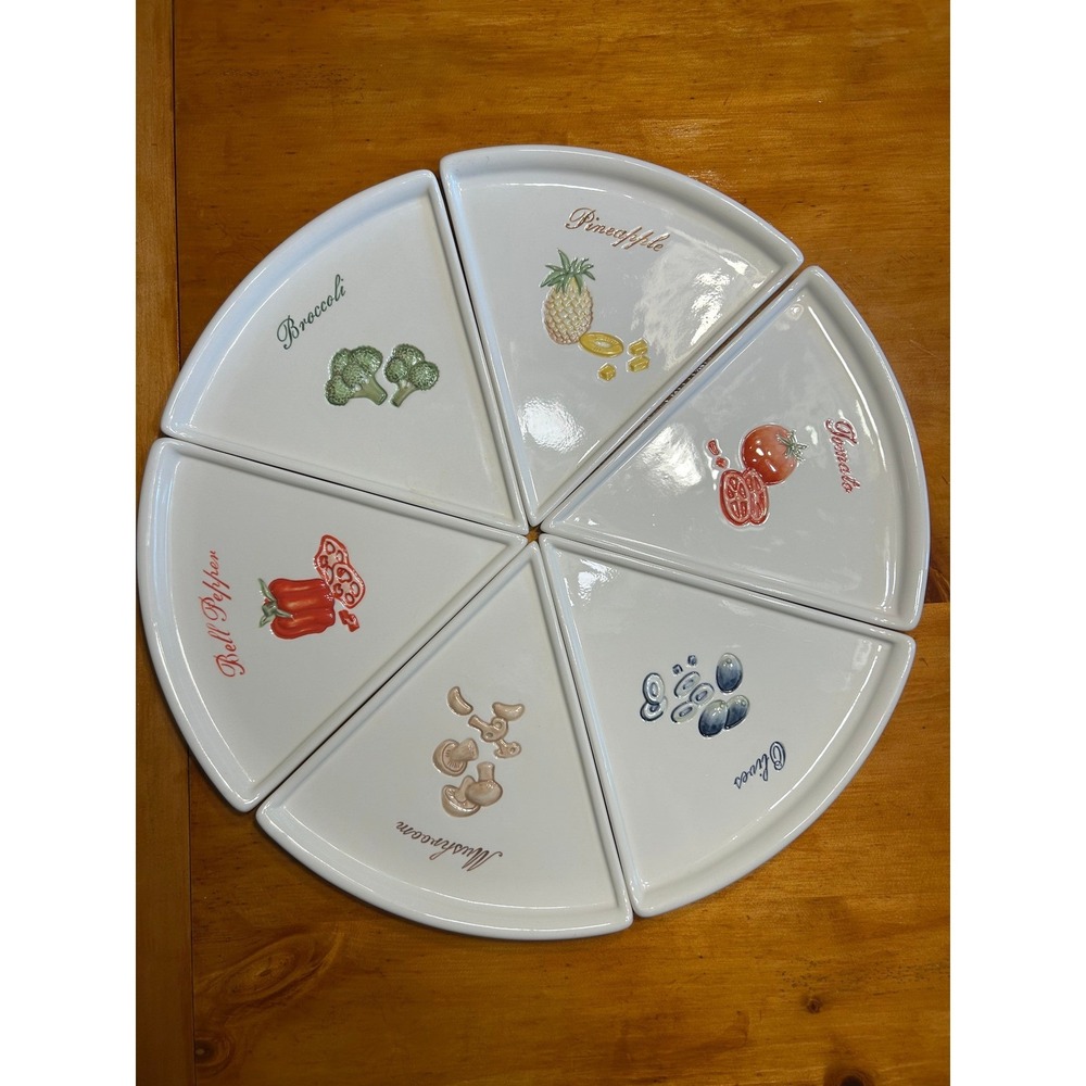 Pottery Barn Pizza Buono Ceramic Wedge Plate Set of 6 Vegetable Toppings 15in